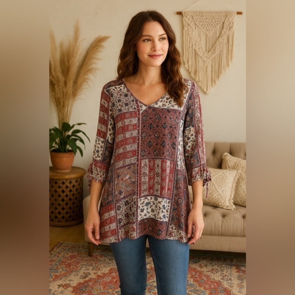 Umgee Gray Red Patchwork Print Boho Peasant Tunic Top Dress EUC S #1580